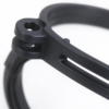 Plastic band clamp close up, the two stacked bolt ears and their through holes beside the open slot and a locator pip