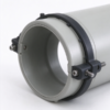 Plastic band clamp bolted around the rim of a gray tube, the two ears drawn together by a threaded stud and a nut